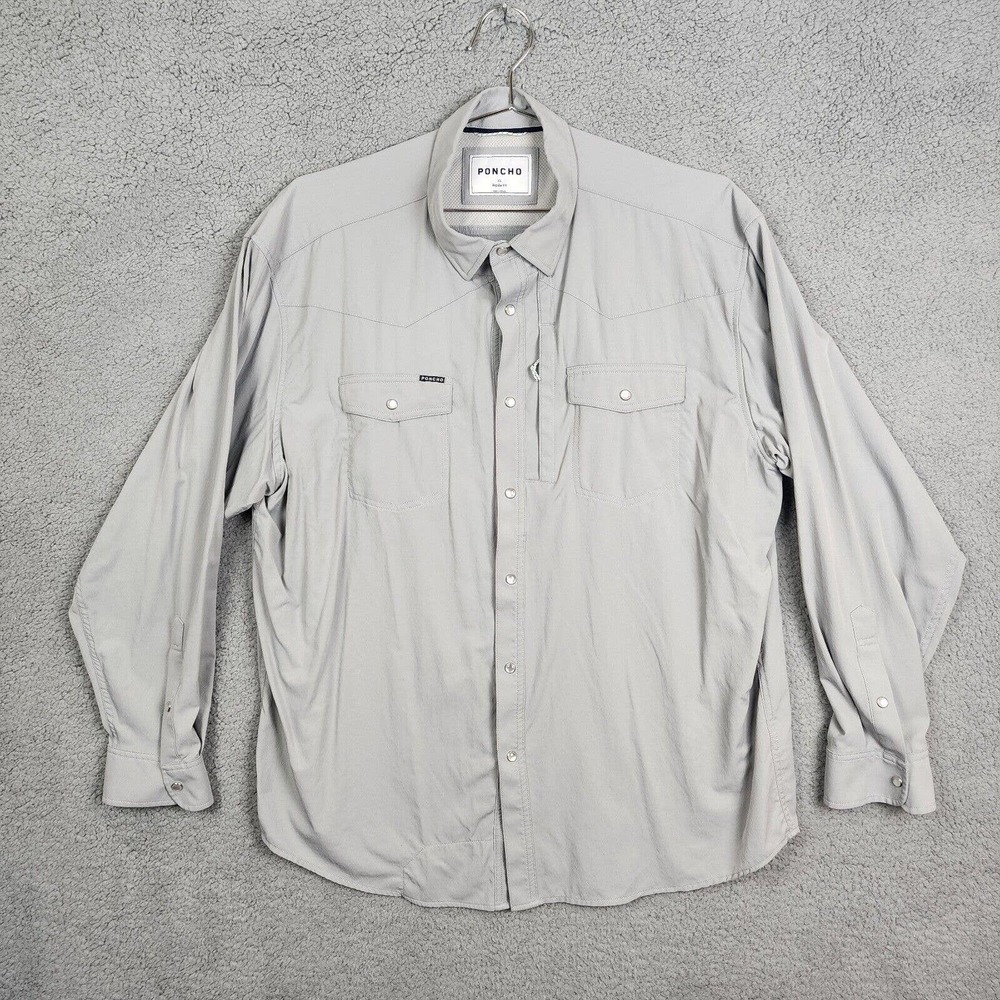 Poncho Fishing Pearl Snap Shirt Mens Sz XL Gray Regular Fit Stretch Vented